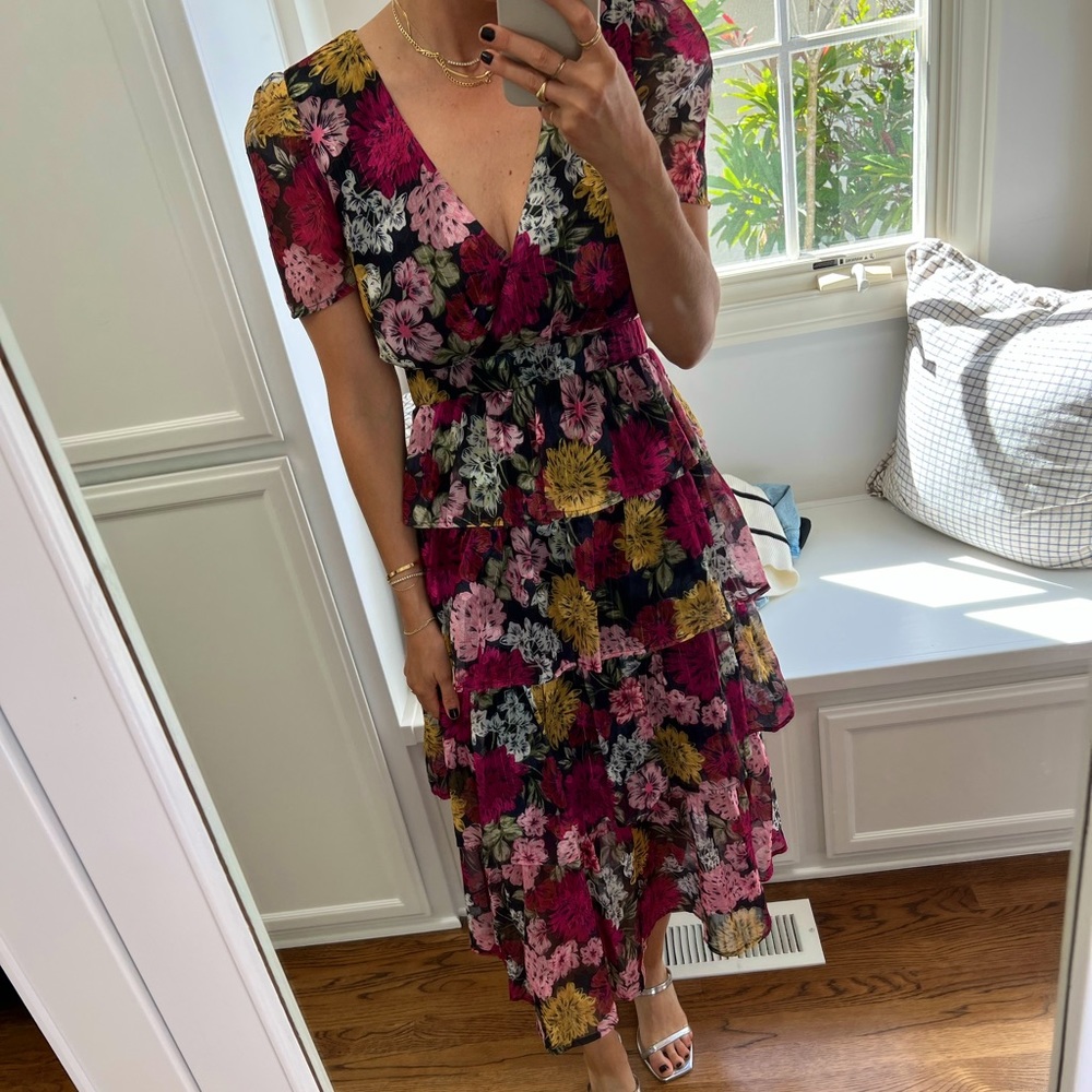 Adelyn Rae Eliza Floral Print Puff Sleeve Tiered Midi Dress Size S